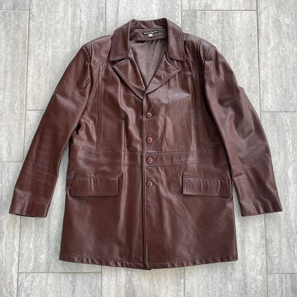 vtg men brown leather 70s coat mid lenght lining size 36